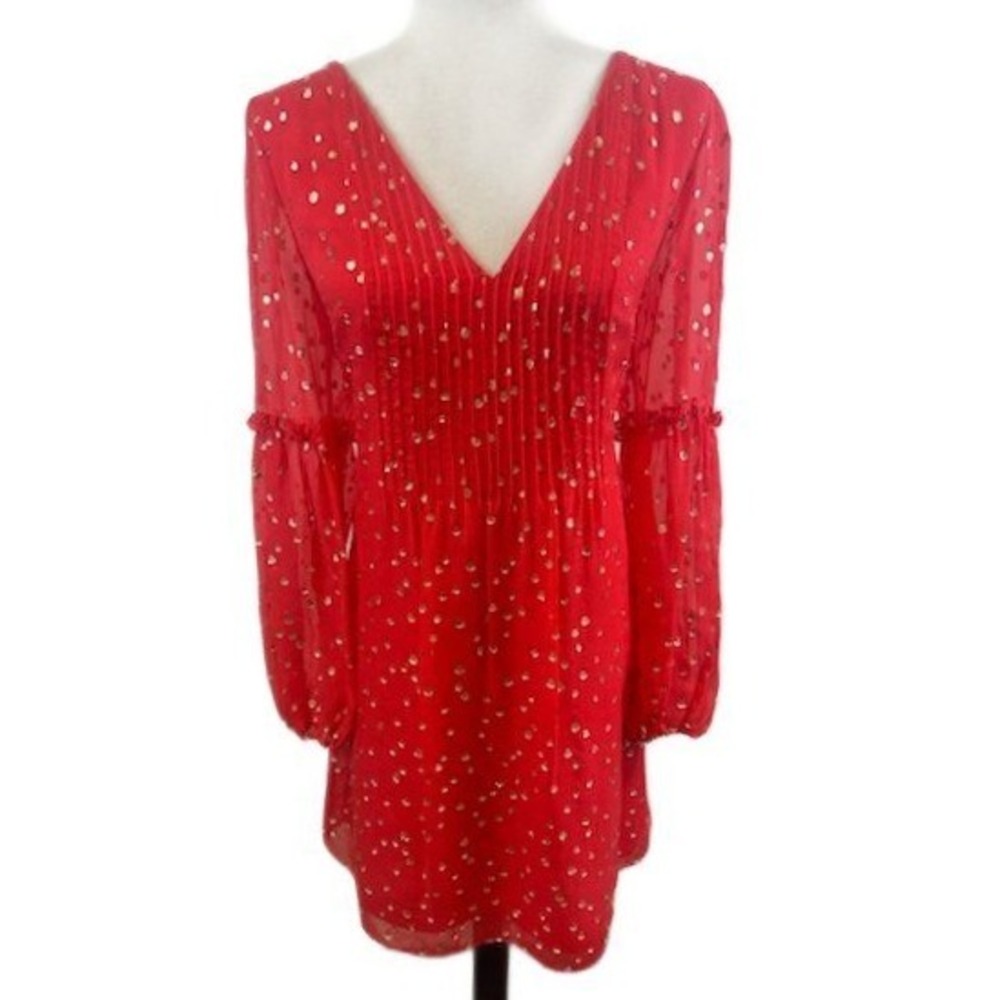 Lilly Pulitzer Silk Dress Women's Size 10 Red Gold Metallic Dot V-Neck Pleated
